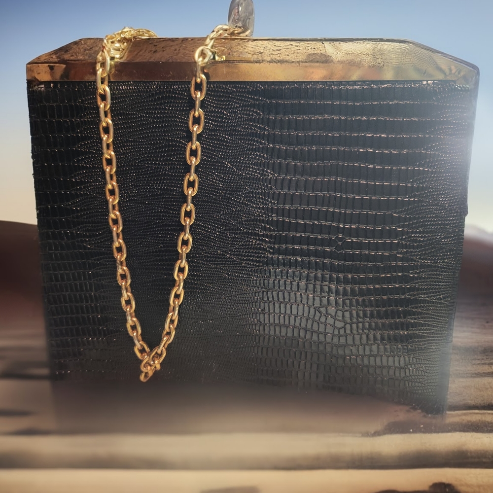 Black and Gold Croc-Embossed Clutch with Chain Pre Owned